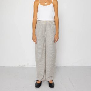 Drawcord Baggy Pants Ecru Grey Stripe Seersucker